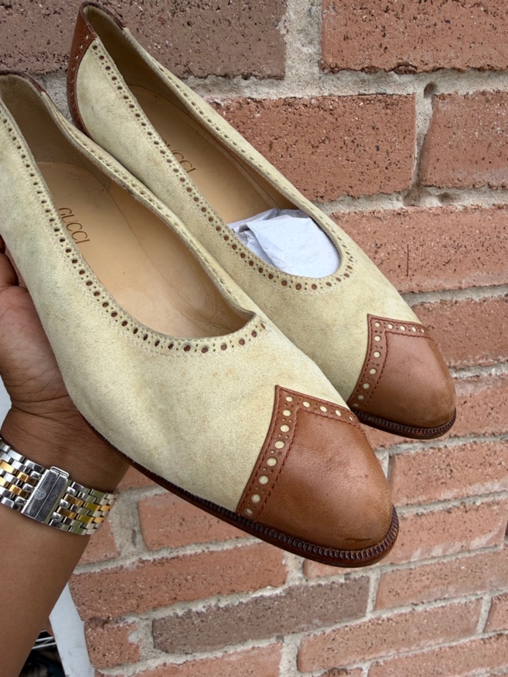 Gucci Beige Suede and Brown Leather Cap-Toe Ballet Flats - Picture 2 of 7